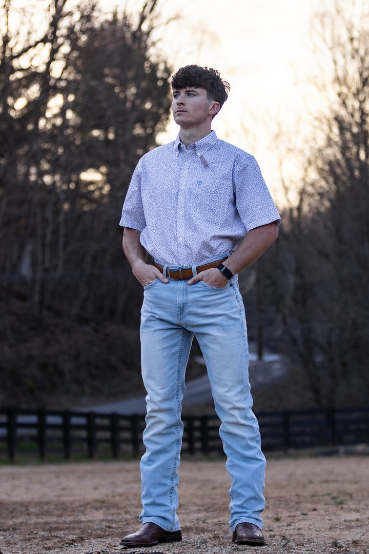Men's Ariat Wrinkle Free Chris Classic Fit Shirt in White Geo Print 10071739 Shirt ariat ariatmens Button Up Men's Short Sleeve Ariat