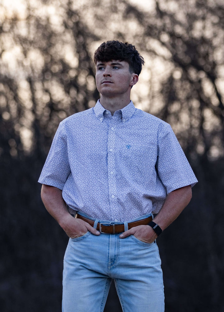 Men's Ariat Wrinkle Free Chris Classic Fit Shirt in White Geo Print 10071739 Shirt ariat ariatmens Button Up Men's Short Sleeve Ariat