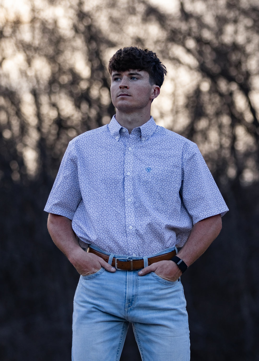 Men's Ariat Wrinkle Free Chris Classic Fit Shirt in White Geo Print 10071739 Shirt ariat ariatmens Button Up Men's Short Sleeve Ariat