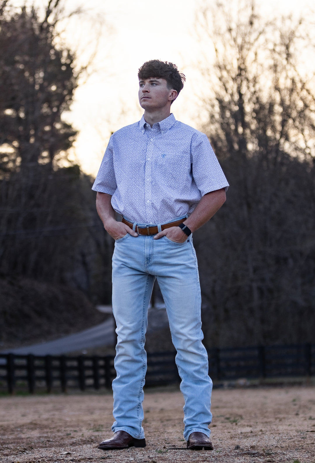 Men's Ariat Wrinkle Free Chris Classic Fit Shirt in White Geo Print 10071739 Shirt ariat ariatmens Button Up Men's Short Sleeve Ariat