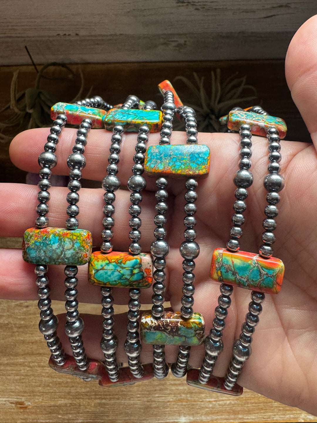 Orange/Turquoise Double Strand Necklace – 13” Beaded – Sterling Silver Pearls & Rectangle Variscite Choker Shopify Collective The Bijoux FAB Jewelry The Bijoux FAB Jewelry