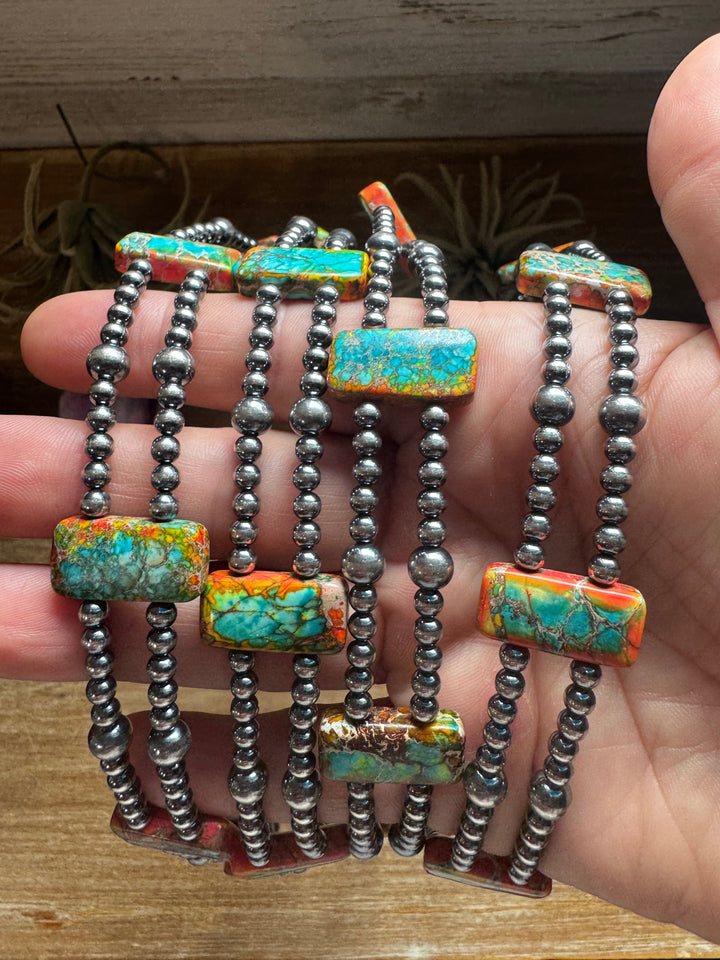 Orange/Turquoise Double Strand Necklace – 13” Beaded – Sterling Silver Pearls & Rectangle Variscite Choker Shopify Collective The Bijoux FAB Jewelry The Bijoux FAB Jewelry