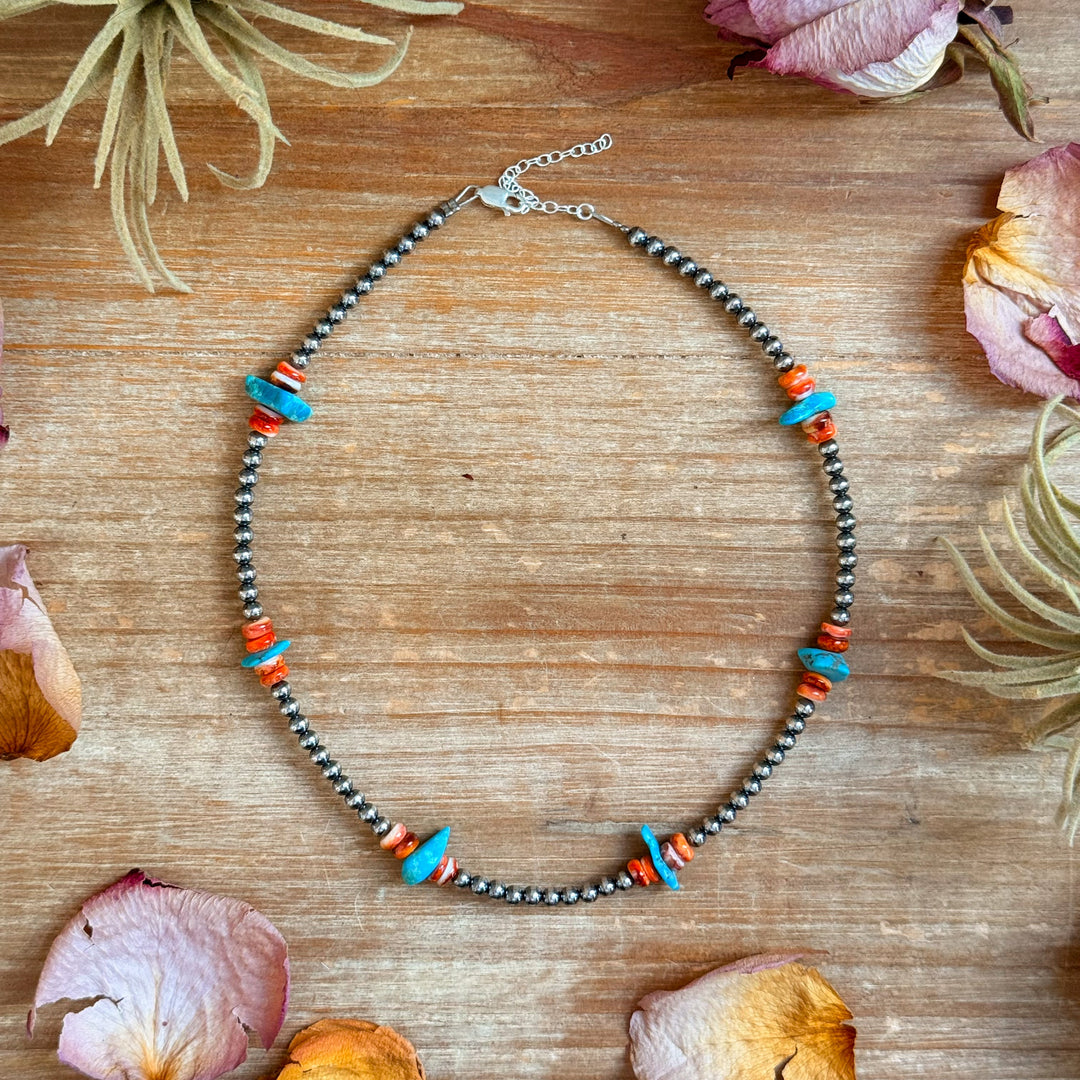 Sterling Silver Pearl Necklace with Orange Spiny Oyster & Sleeping Beauty Turquoise Chips – 14.5” Necklaces Shopify Collective The Bijoux FAB Jewelry The Bijoux FAB Jewelry