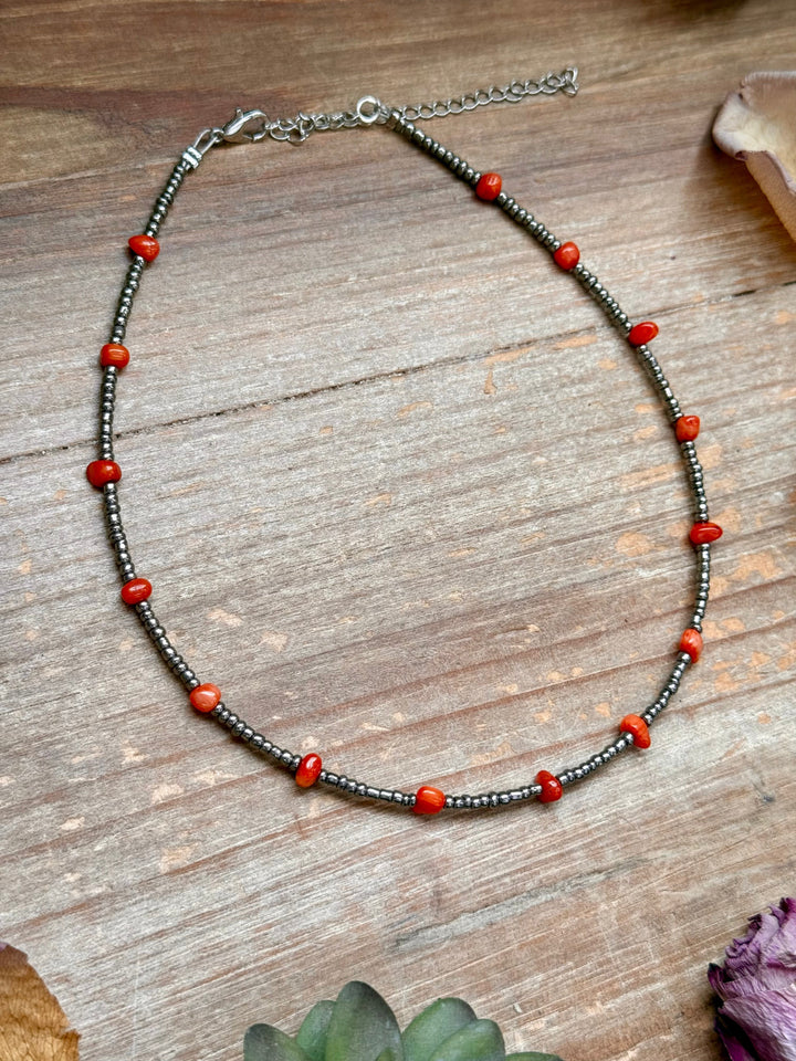 Antique Silver Seed Bead & Dyed Red Coral Choker – 14” Necklaces Shopify Collective The Bijoux FAB Jewelry The Bijoux FAB Jewelry