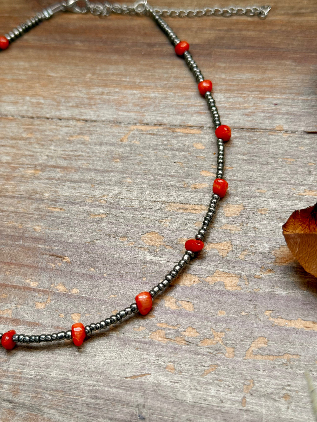 Antique Silver Seed Bead & Dyed Red Coral Choker – 14” Necklaces Shopify Collective The Bijoux FAB Jewelry The Bijoux FAB Jewelry