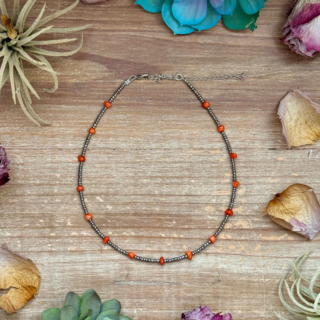 Antique Silver Seed Bead & Dyed Red Coral Choker – 14” Necklaces Shopify Collective The Bijoux FAB Jewelry The Bijoux FAB Jewelry