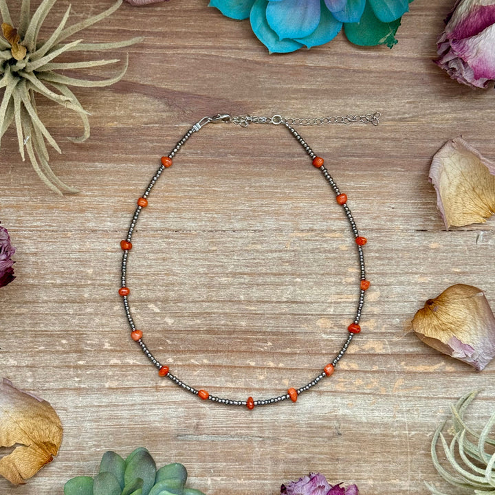 Antique Silver Seed Bead & Dyed Red Coral Choker – 14” Necklaces Shopify Collective The Bijoux FAB Jewelry The Bijoux FAB Jewelry