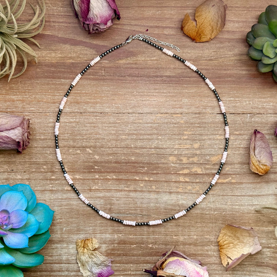 Pink Conch Heishi & 3mm Sterling Silver Pearl Necklace 20 inch Necklaces Shopify Collective The Bijoux FAB Jewelry The Bijoux FAB Jewelry