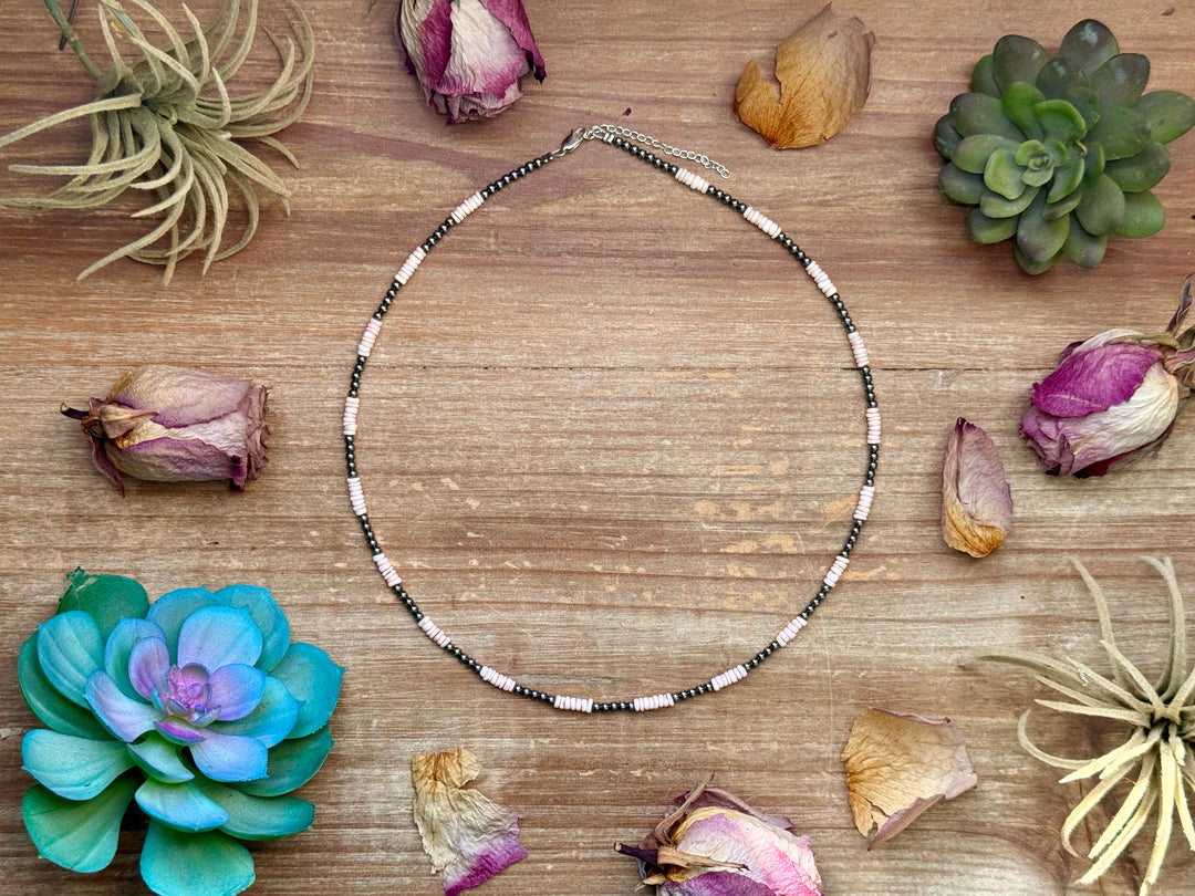 Pink Conch Heishi & 3mm Sterling Silver Pearl Necklace 20 inch Necklaces Shopify Collective The Bijoux FAB Jewelry The Bijoux FAB Jewelry