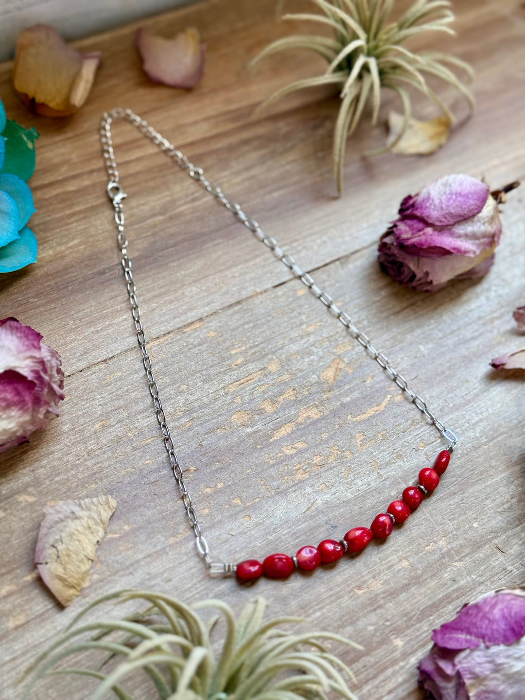 Silver-Plated Paperclip Chain Necklace with Dyed Coral & Hematite – 15” Necklaces Shopify Collective The Bijoux FAB Jewelry The Bijoux FAB Jewelry