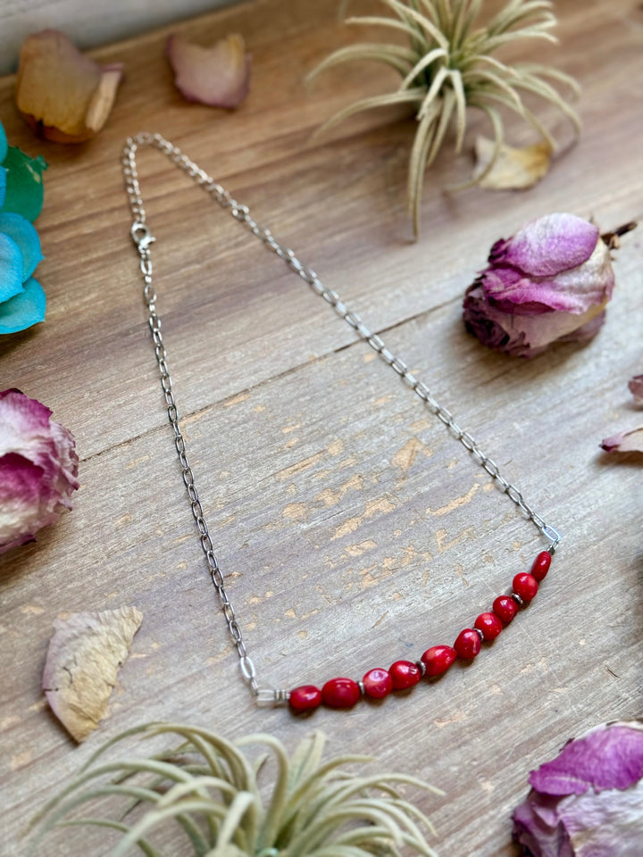 Silver-Plated Paperclip Chain Necklace with Dyed Coral & Hematite – 15” Necklaces Shopify Collective The Bijoux FAB Jewelry The Bijoux FAB Jewelry