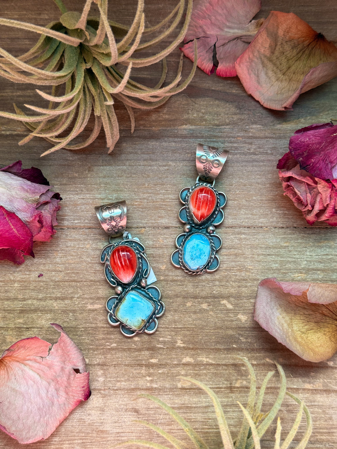 Red Spiny Oyster & Golden Hills Turquoise Sterling Silver Pendant – Stamped Gilbert Nez Pendant Shopify Collective The Bijoux FAB Jewelry The Bijoux FAB Jewelry