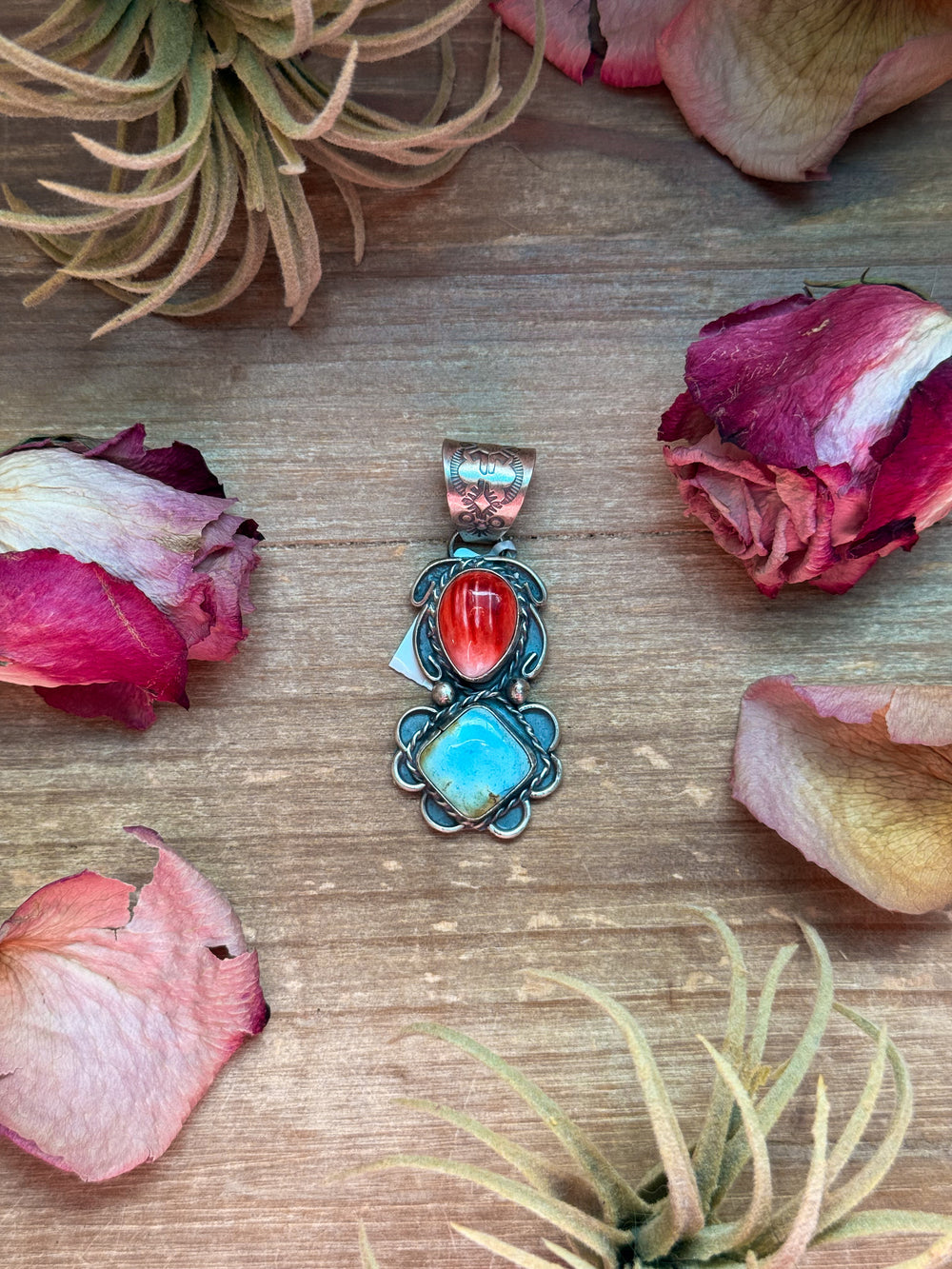 Red Spiny Oyster & Golden Hills Turquoise Sterling Silver Pendant – Stamped Gilbert Nez Pendant Shopify Collective The Bijoux FAB Jewelry The Bijoux FAB Jewelry