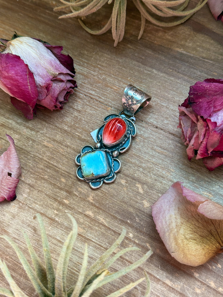 Red Spiny Oyster & Golden Hills Turquoise Sterling Silver Pendant – Stamped Gilbert Nez Pendant Shopify Collective The Bijoux FAB Jewelry The Bijoux FAB Jewelry