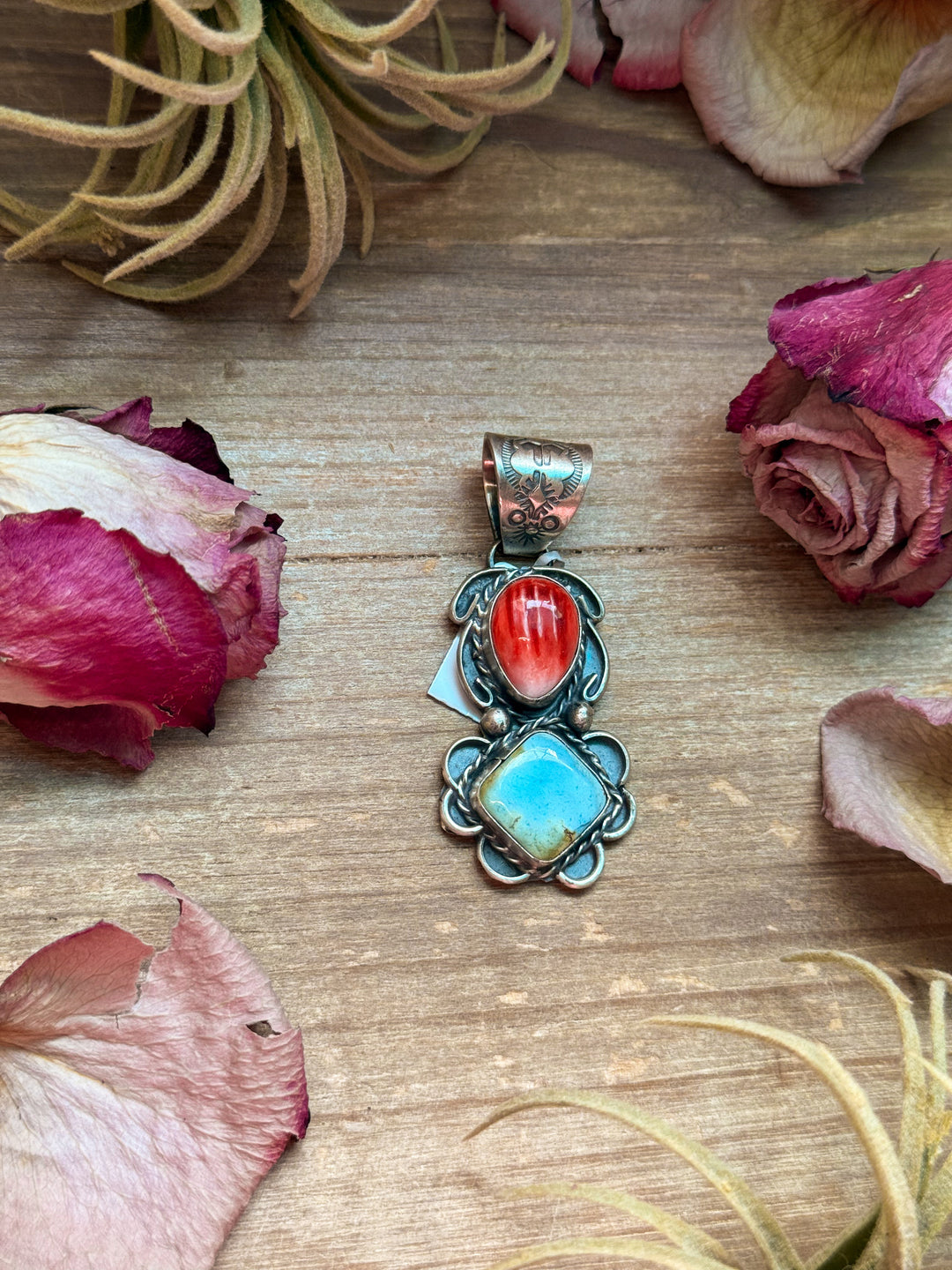Red Spiny Oyster & Golden Hills Turquoise Sterling Silver Pendant – Stamped Gilbert Nez Pendant Shopify Collective The Bijoux FAB Jewelry The Bijoux FAB Jewelry