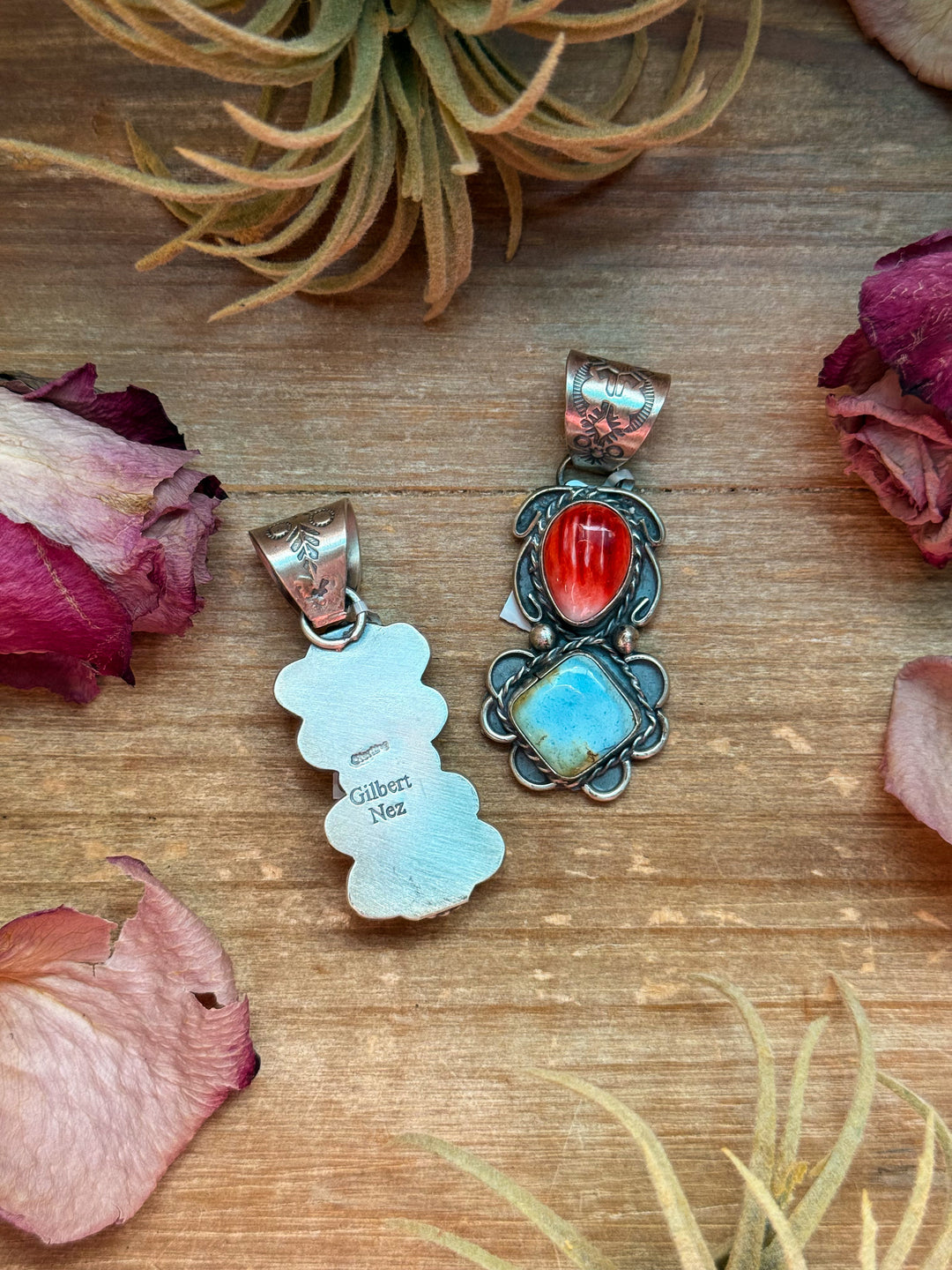 Red Spiny Oyster & Golden Hills Turquoise Sterling Silver Pendant – Stamped Gilbert Nez Pendant Shopify Collective The Bijoux FAB Jewelry The Bijoux FAB Jewelry