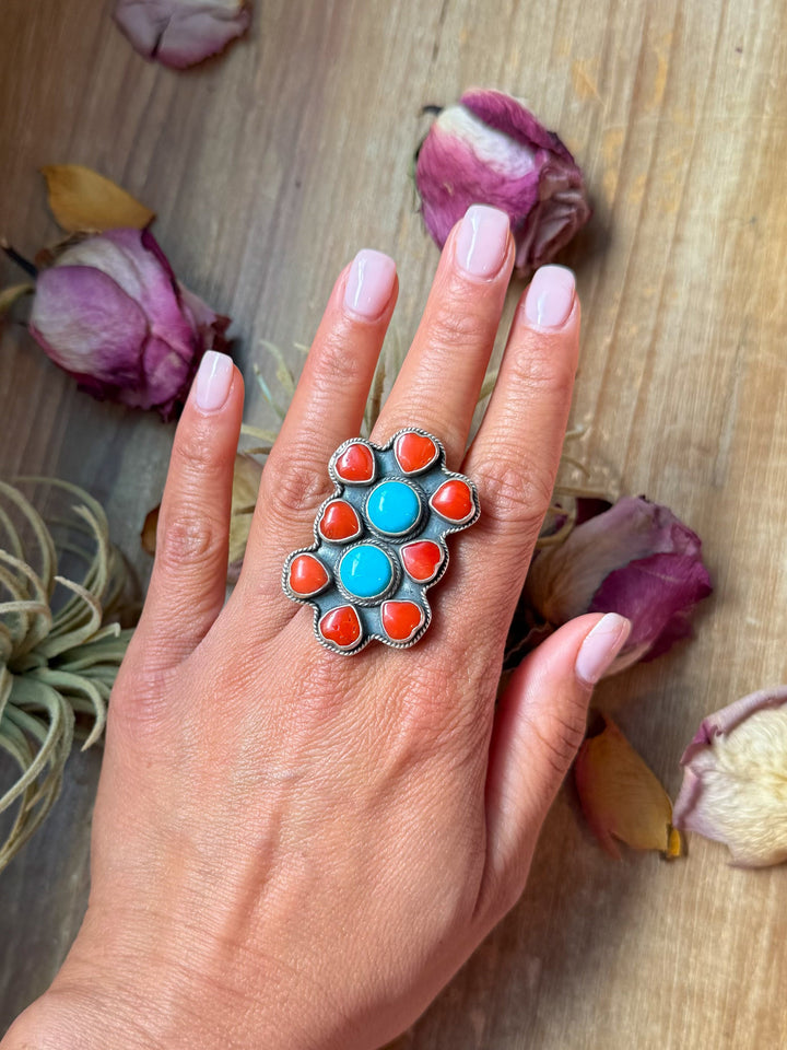 Red Coral & Kingman Turquoise Sterling Silver Ring – Adjustable ring Shopify Collective The Bijoux FAB Jewelry The Bijoux FAB Jewelry