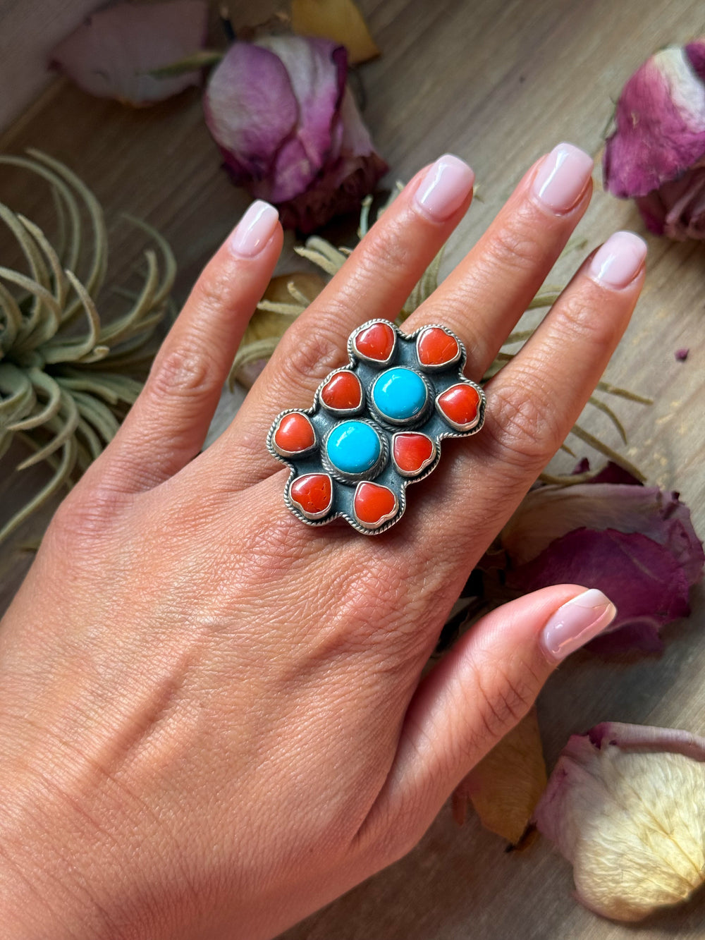 Red Coral & Kingman Turquoise Sterling Silver Ring – Adjustable ring Shopify Collective The Bijoux FAB Jewelry The Bijoux FAB Jewelry