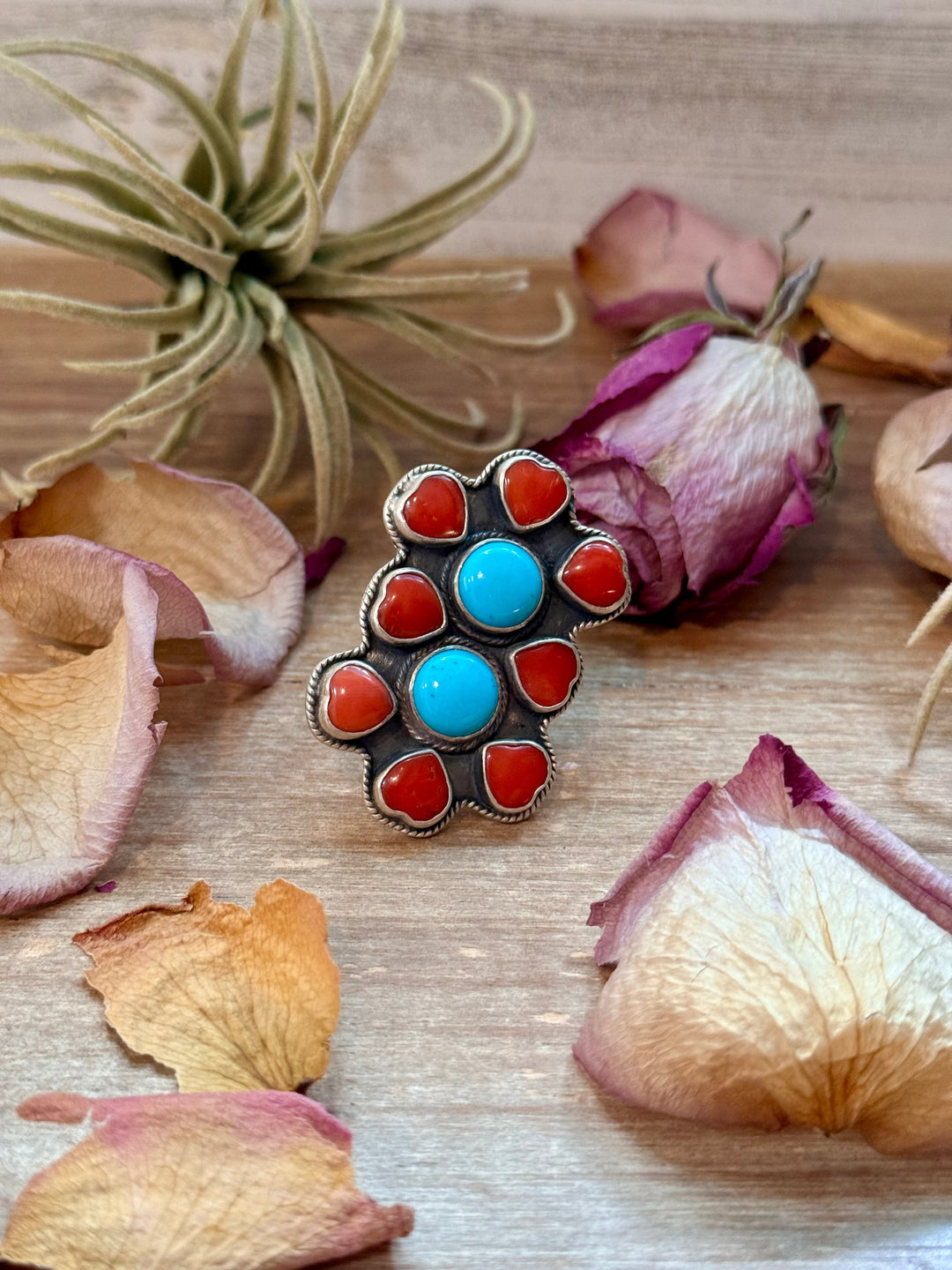 Red Coral & Kingman Turquoise Sterling Silver Ring – Adjustable ring Shopify Collective The Bijoux FAB Jewelry The Bijoux FAB Jewelry