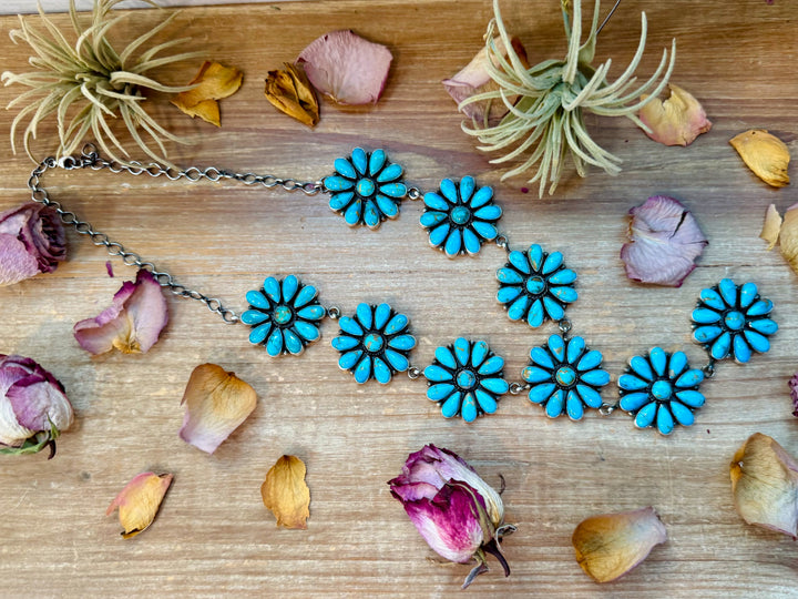 Sterling Silver Kingman Turquoise Flower Lariat Necklace – 25 Inch + 5½ Inch Drop – Native Made by A. Spencer – USA Made Necklaces Shopify Collective The Bijoux FAB Jewelry The Bijoux FAB Jewelry