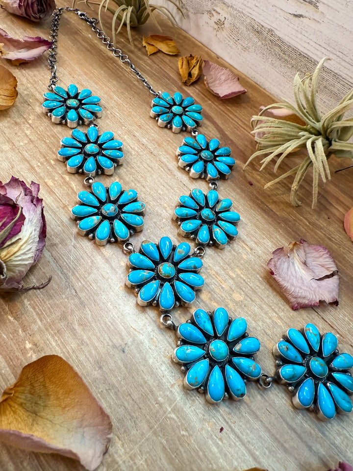 Sterling Silver Kingman Turquoise Flower Lariat Necklace – 25 Inch + 5½ Inch Drop – Native Made by A. Spencer – USA Made Necklaces Shopify Collective The Bijoux FAB Jewelry The Bijoux FAB Jewelry