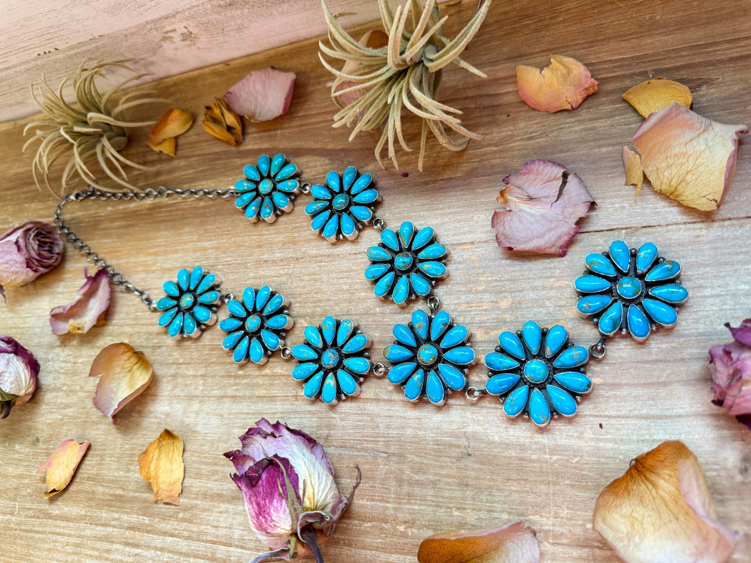 Sterling Silver Kingman Turquoise Flower Lariat Necklace – 25 Inch + 5½ Inch Drop – Native Made by A. Spencer – USA Made Necklaces Shopify Collective The Bijoux FAB Jewelry The Bijoux FAB Jewelry