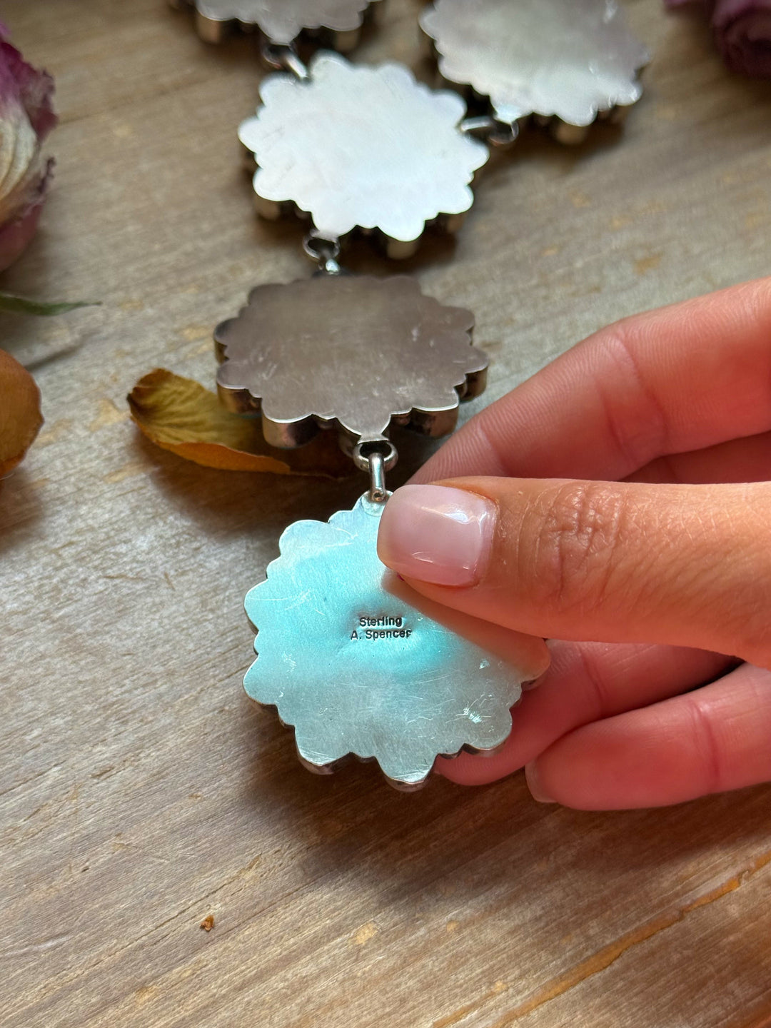 Sterling Silver Kingman Turquoise Flower Lariat Necklace – 25 Inch + 5½ Inch Drop – Native Made by A. Spencer – USA Made Necklaces Shopify Collective The Bijoux FAB Jewelry The Bijoux FAB Jewelry