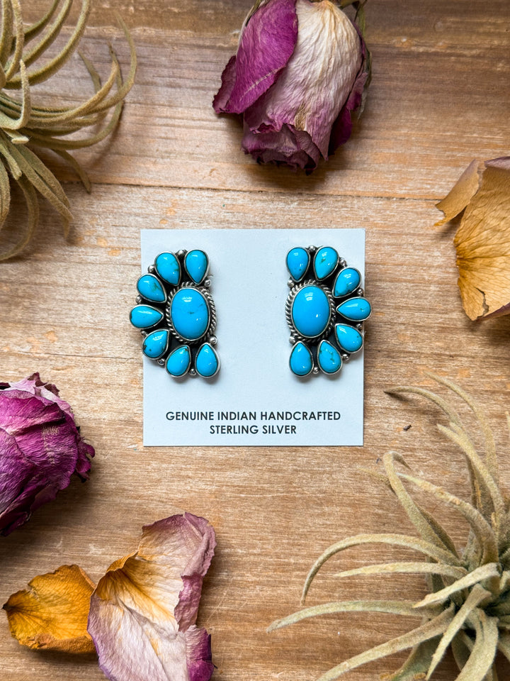 Sterling Silver Kingman Turquoise Half Cluster Earrings – Native Made by E. Richards (Navajo Artist) earrings Shopify Collective The Bijoux FAB Jewelry The Bijoux FAB Jewelry