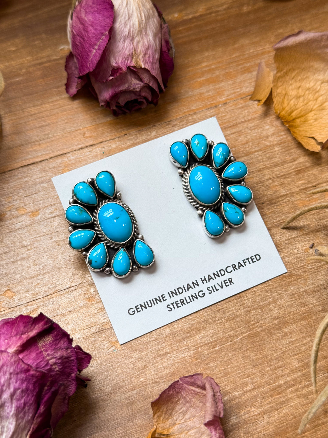 Sterling Silver Kingman Turquoise Half Cluster Earrings – Native Made by E. Richards (Navajo Artist) earrings Shopify Collective The Bijoux FAB Jewelry The Bijoux FAB Jewelry
