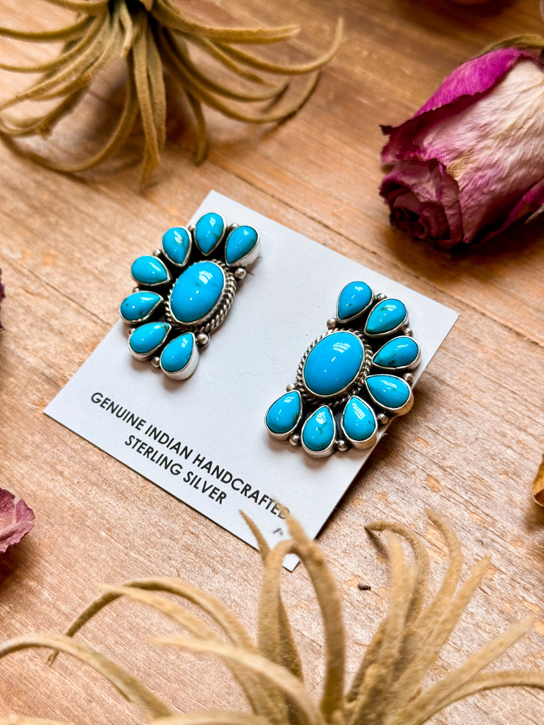 Sterling Silver Kingman Turquoise Half Cluster Earrings – Native Made by E. Richards (Navajo Artist) earrings Shopify Collective The Bijoux FAB Jewelry The Bijoux FAB Jewelry