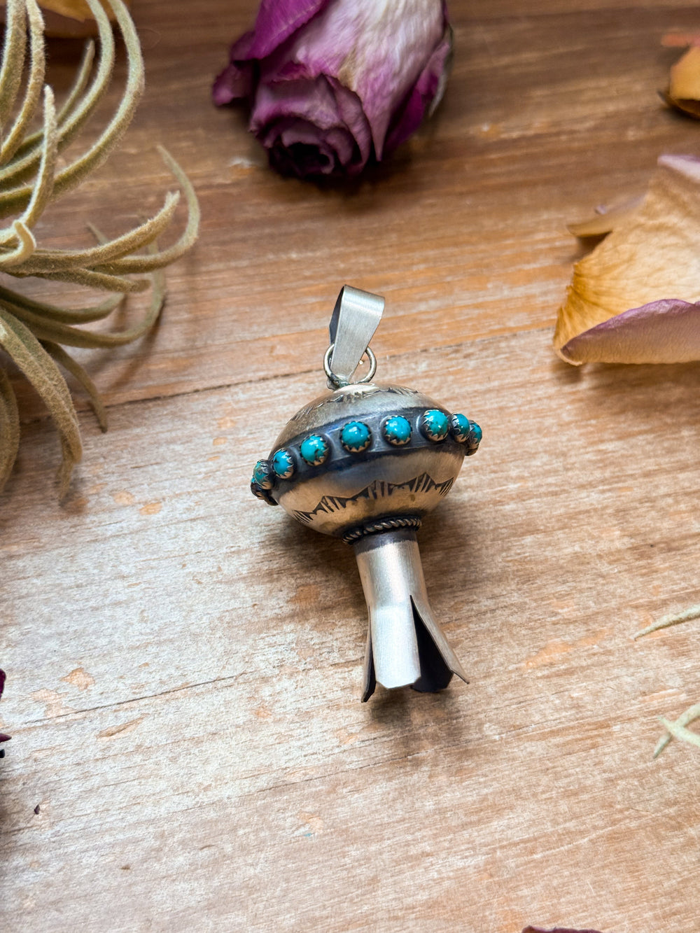 Sterling Silver Blossom Pendant with Kingman Turquoise – Native Made by M.S. Pendant Shopify Collective The Bijoux FAB Jewelry The Bijoux FAB Jewelry