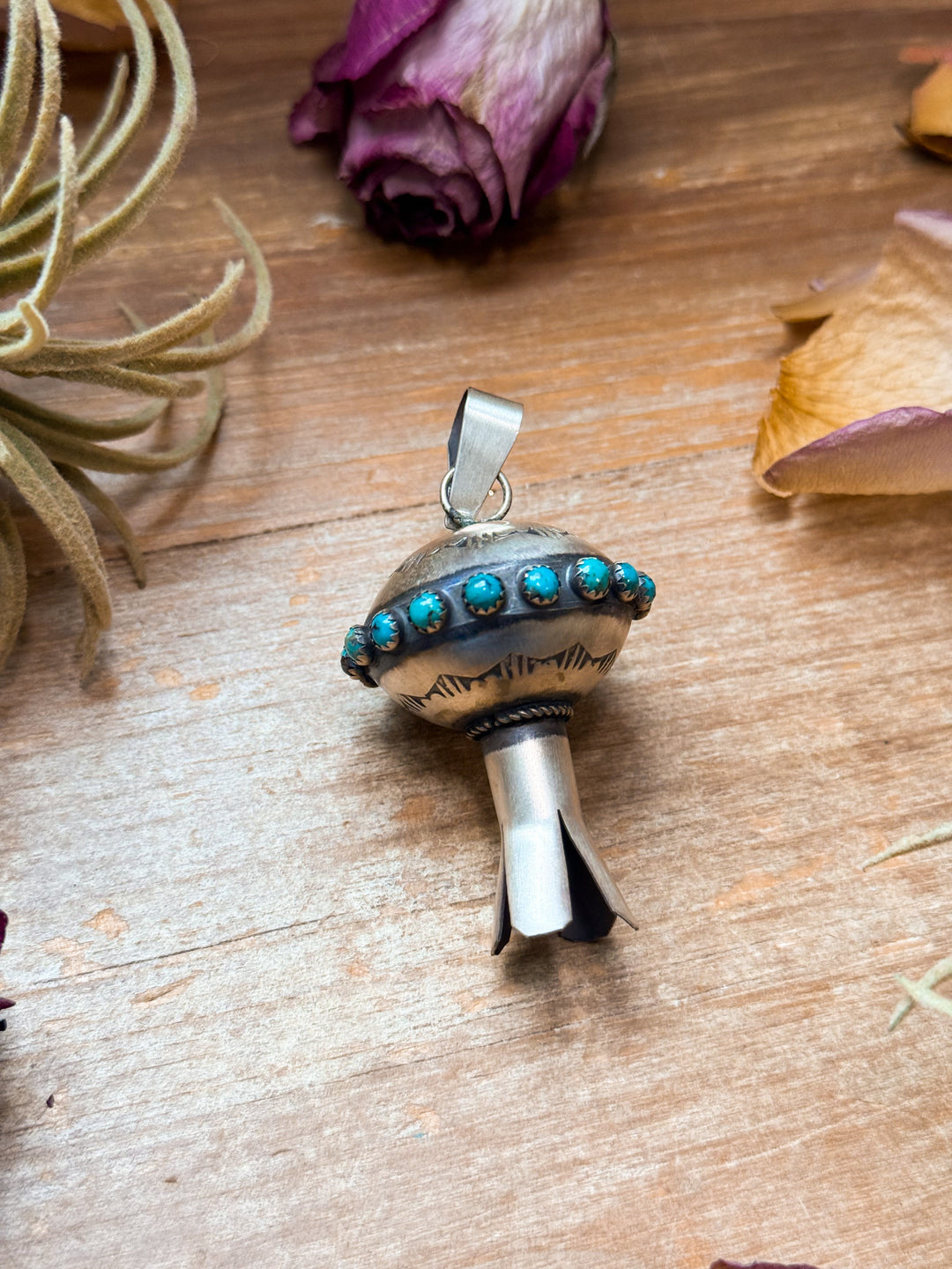 Sterling Silver Blossom Pendant with Kingman Turquoise – Native Made by M.S. Pendant Shopify Collective The Bijoux FAB Jewelry The Bijoux FAB Jewelry