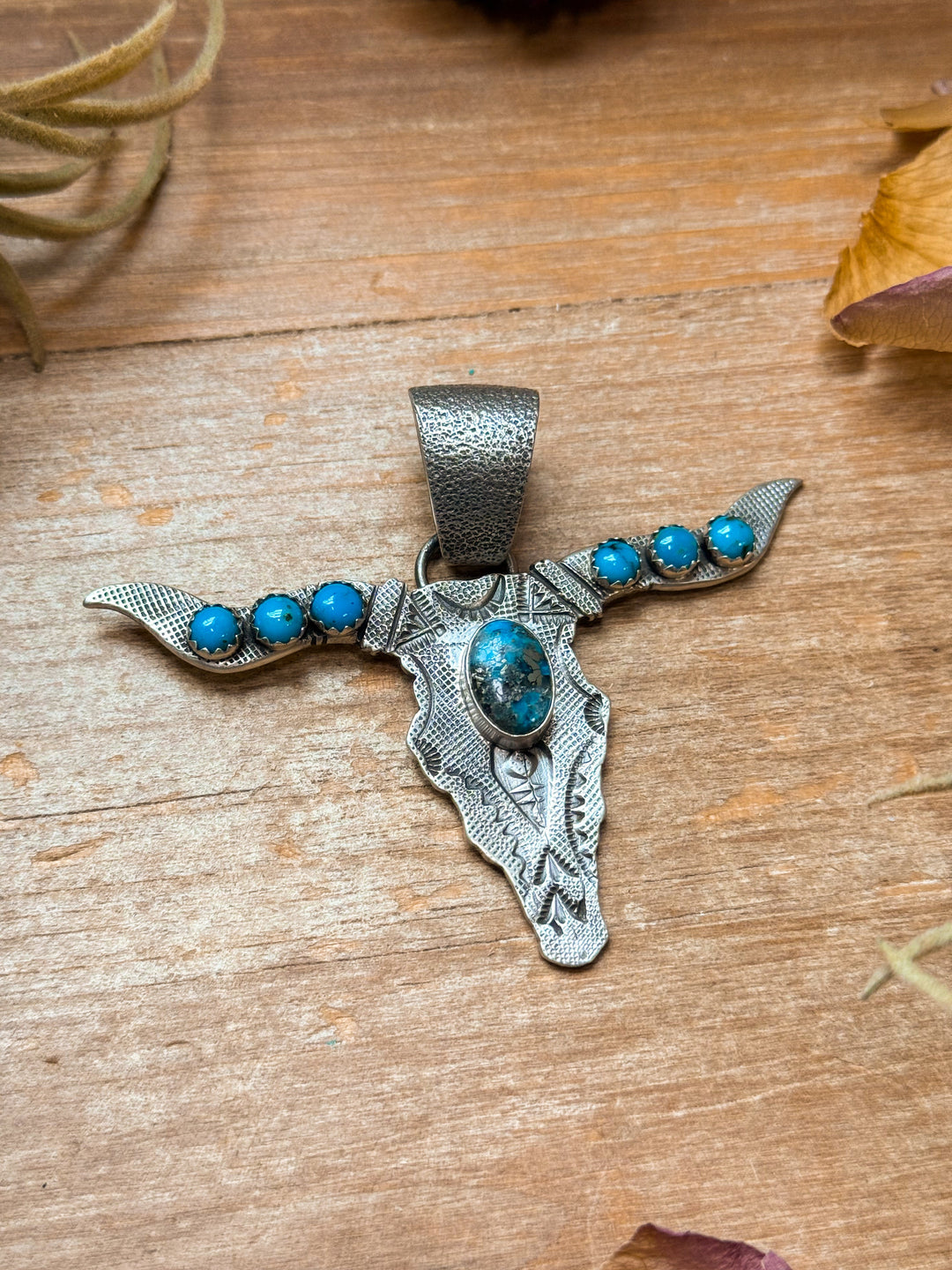 Sterling Silver Longhorn Pendant with Kingman Turquoise – Native Made by Leroy James (Navajo Artist) Pendant Shopify Collective The Bijoux FAB Jewelry The Bijoux FAB Jewelry