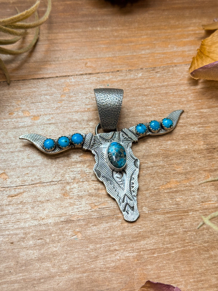 Sterling Silver Longhorn Pendant with Kingman Turquoise – Native Made by Leroy James (Navajo Artist) Pendant Shopify Collective The Bijoux FAB Jewelry The Bijoux FAB Jewelry