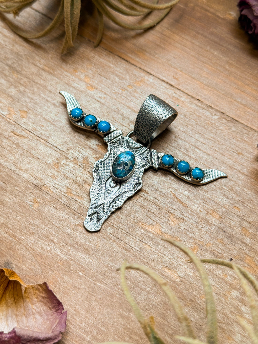 Sterling Silver Longhorn Pendant with Kingman Turquoise – Native Made by Leroy James (Navajo Artist) Pendant Shopify Collective The Bijoux FAB Jewelry The Bijoux FAB Jewelry