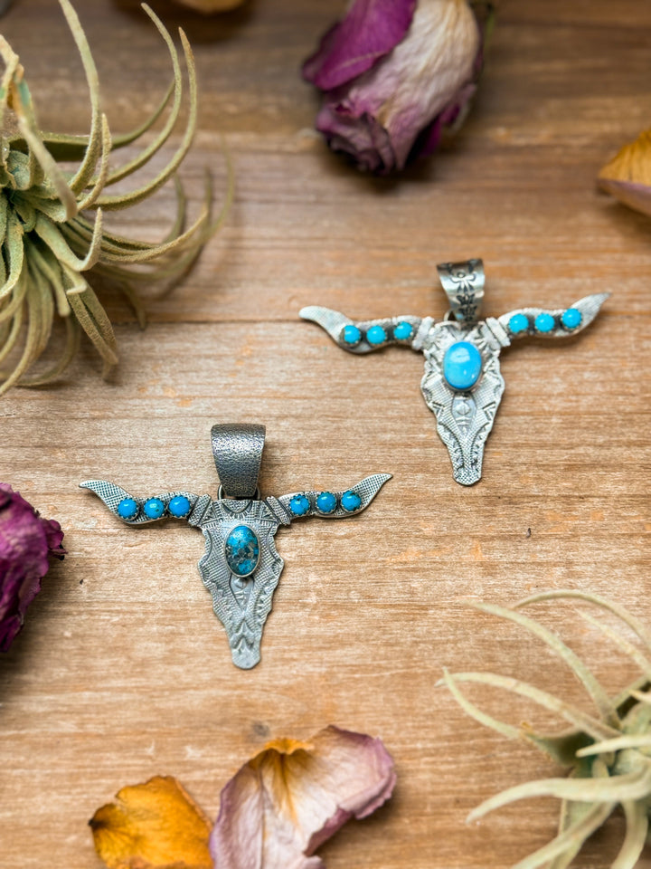 Sterling Silver Longhorn Pendant with Kingman Turquoise – Native Made by Leroy James (Navajo Artist) Pendant Shopify Collective The Bijoux FAB Jewelry The Bijoux FAB Jewelry