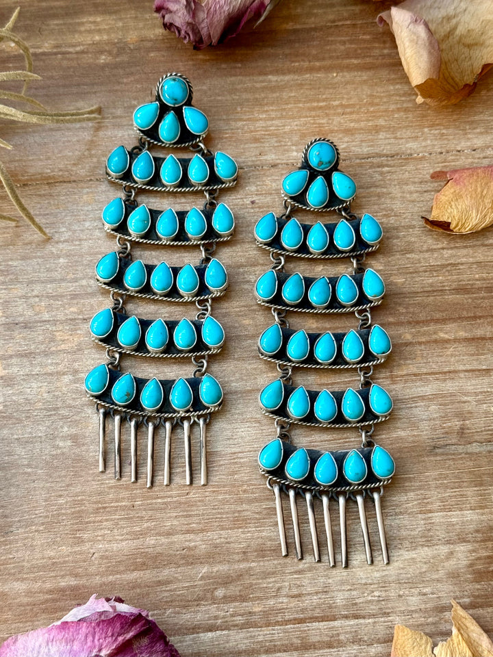 Sterling Silver Kingman Turquoise Dangle Earrings – 5 Inch Statement Design – Native Made by Geraldine James – Navajo Handmade earrings Shopify Collective The Bijoux FAB Jewelry The Bijoux FAB Jewelry