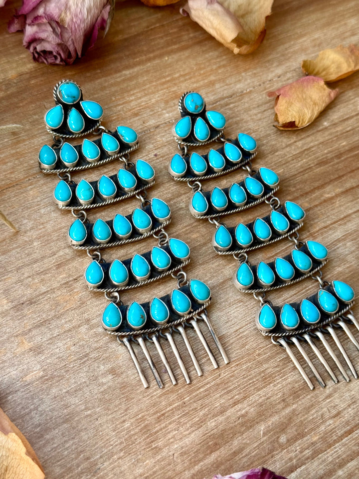 Sterling Silver Kingman Turquoise Dangle Earrings – 5 Inch Statement Design – Native Made by Geraldine James – Navajo Handmade earrings Shopify Collective The Bijoux FAB Jewelry The Bijoux FAB Jewelry