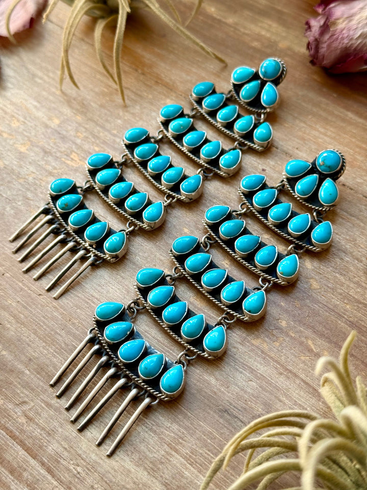 Sterling Silver Kingman Turquoise Dangle Earrings – 5 Inch Statement Design – Native Made by Geraldine James – Navajo Handmade earrings Shopify Collective The Bijoux FAB Jewelry The Bijoux FAB Jewelry
