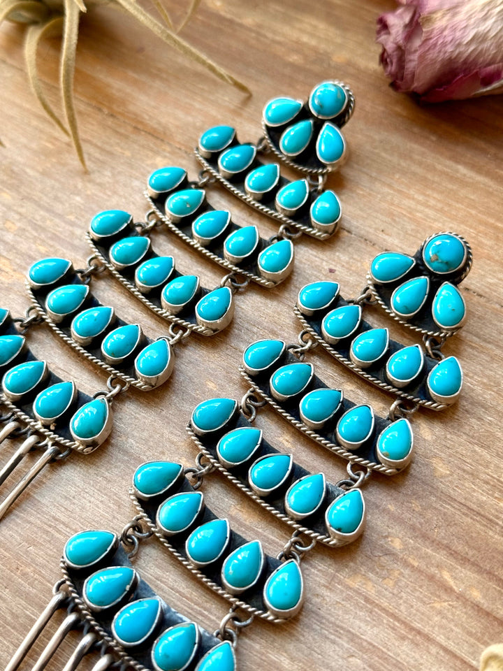 Sterling Silver Kingman Turquoise Dangle Earrings – 5 Inch Statement Design – Native Made by Geraldine James – Navajo Handmade earrings Shopify Collective The Bijoux FAB Jewelry The Bijoux FAB Jewelry