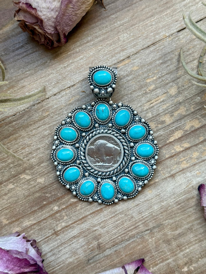 Sterling Silver Kingman Turquoise & Buffalo Nickel Cluster Pendant – Artist Shay Pfeiffer Pendant Shopify Collective The Bijoux FAB Jewelry The Bijoux FAB Jewelry