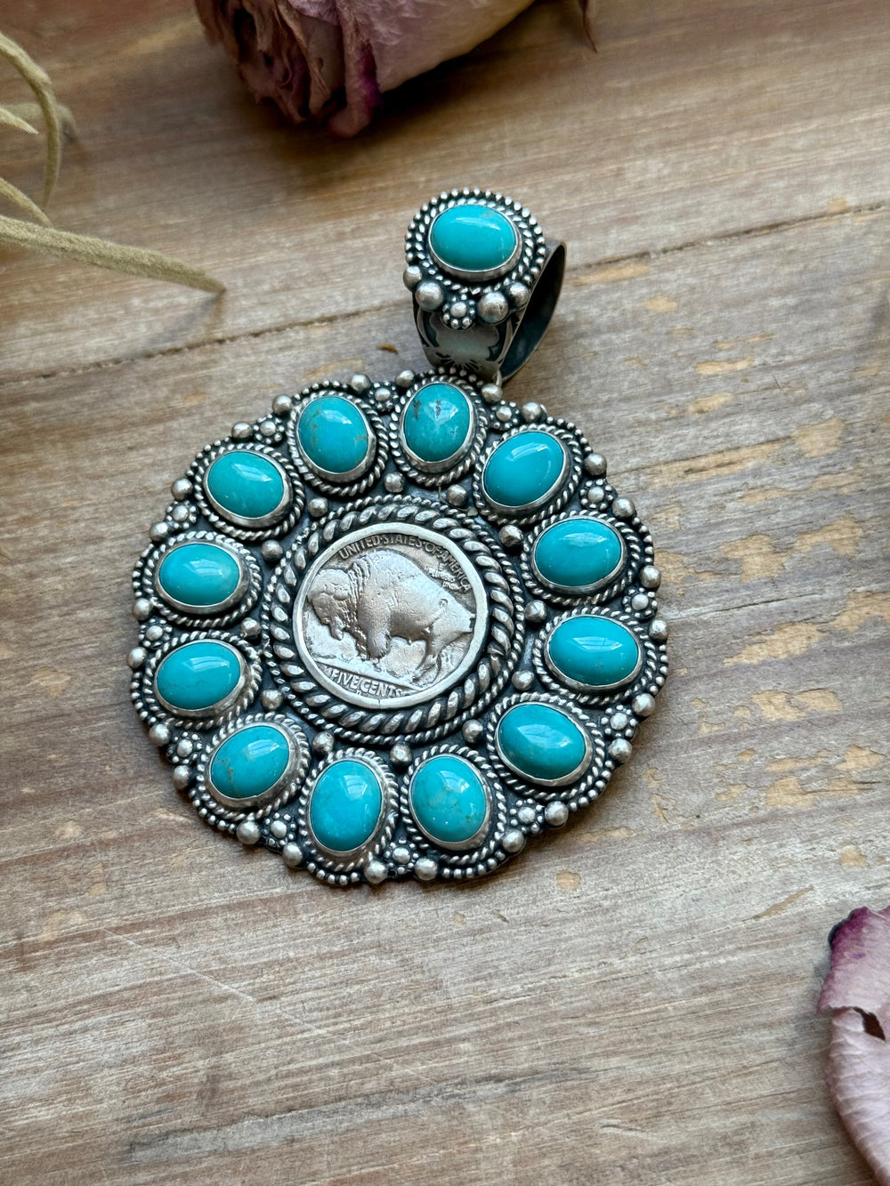 Sterling Silver Kingman Turquoise & Buffalo Nickel Cluster Pendant – Artist Shay Pfeiffer Pendant Shopify Collective The Bijoux FAB Jewelry The Bijoux FAB Jewelry