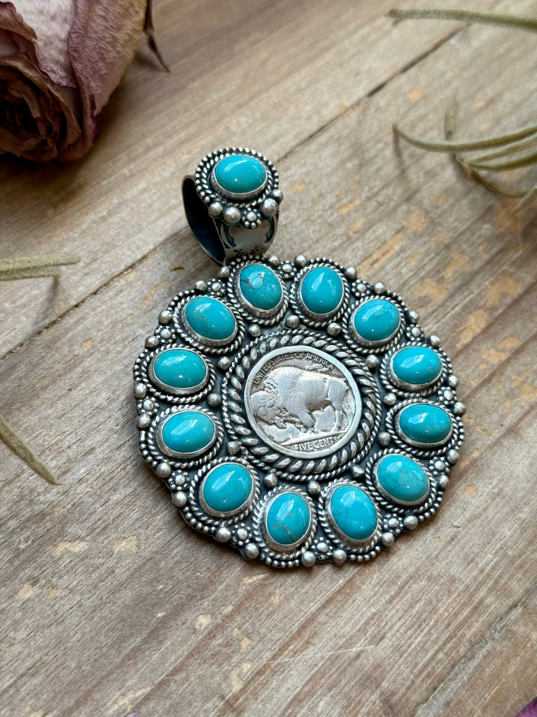 Sterling Silver Kingman Turquoise & Buffalo Nickel Cluster Pendant – Artist Shay Pfeiffer Pendant Shopify Collective The Bijoux FAB Jewelry The Bijoux FAB Jewelry
