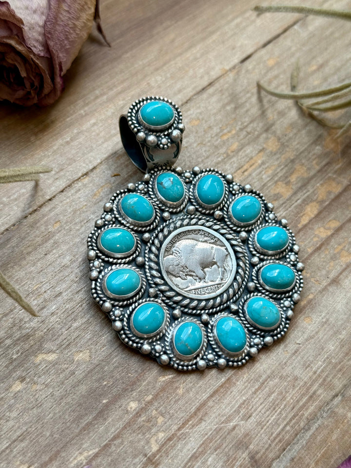 Sterling Silver Kingman Turquoise & Buffalo Nickel Cluster Pendant – Artist Shay Pfeiffer Pendant Shopify Collective The Bijoux FAB Jewelry The Bijoux FAB Jewelry