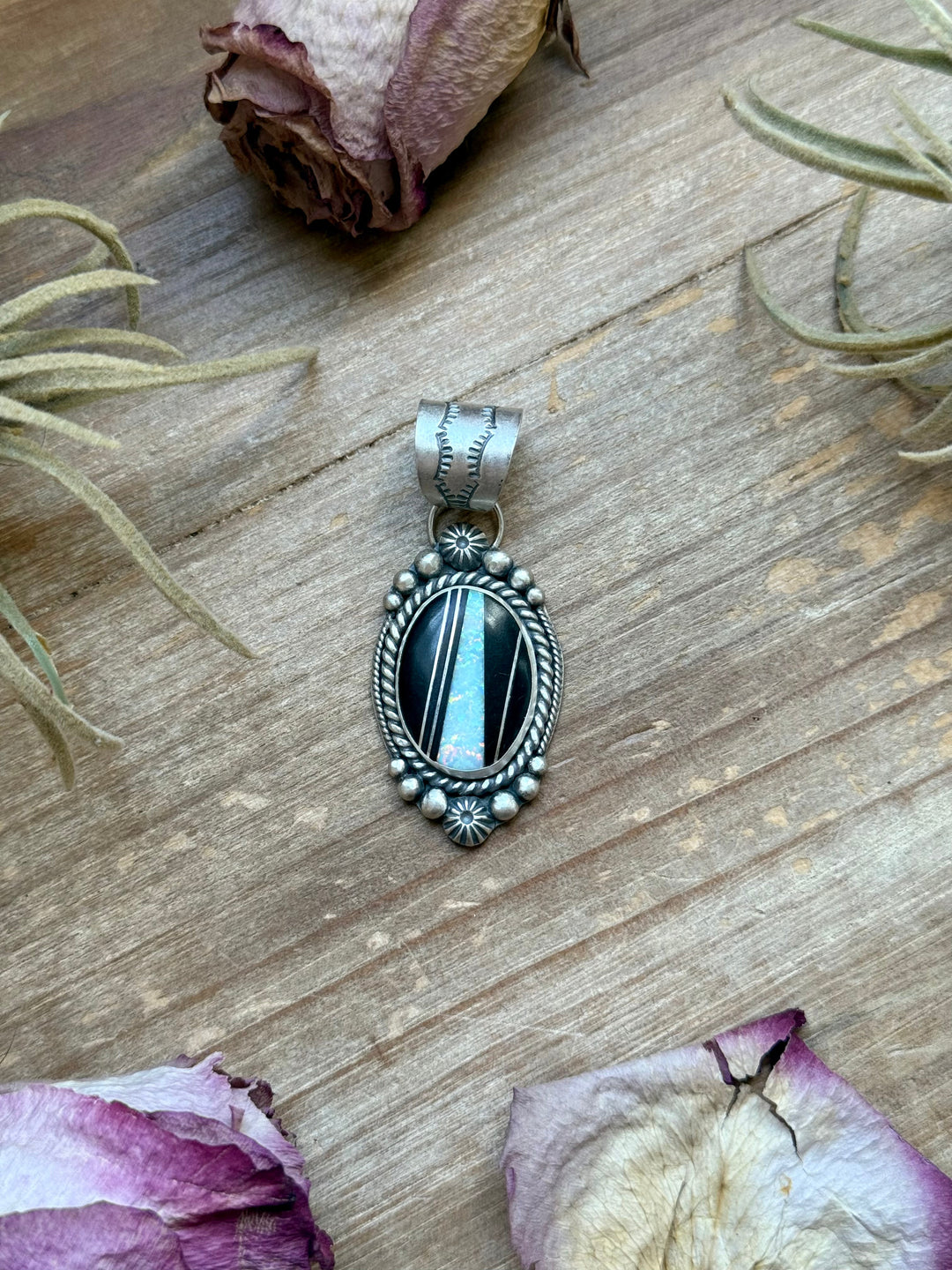 Sterling Silver Black Micarta & Lab Opal Inlay Pendant – Handmade by Artist Shay Pfeiffer Pendant Shopify Collective The Bijoux FAB Jewelry The Bijoux FAB Jewelry