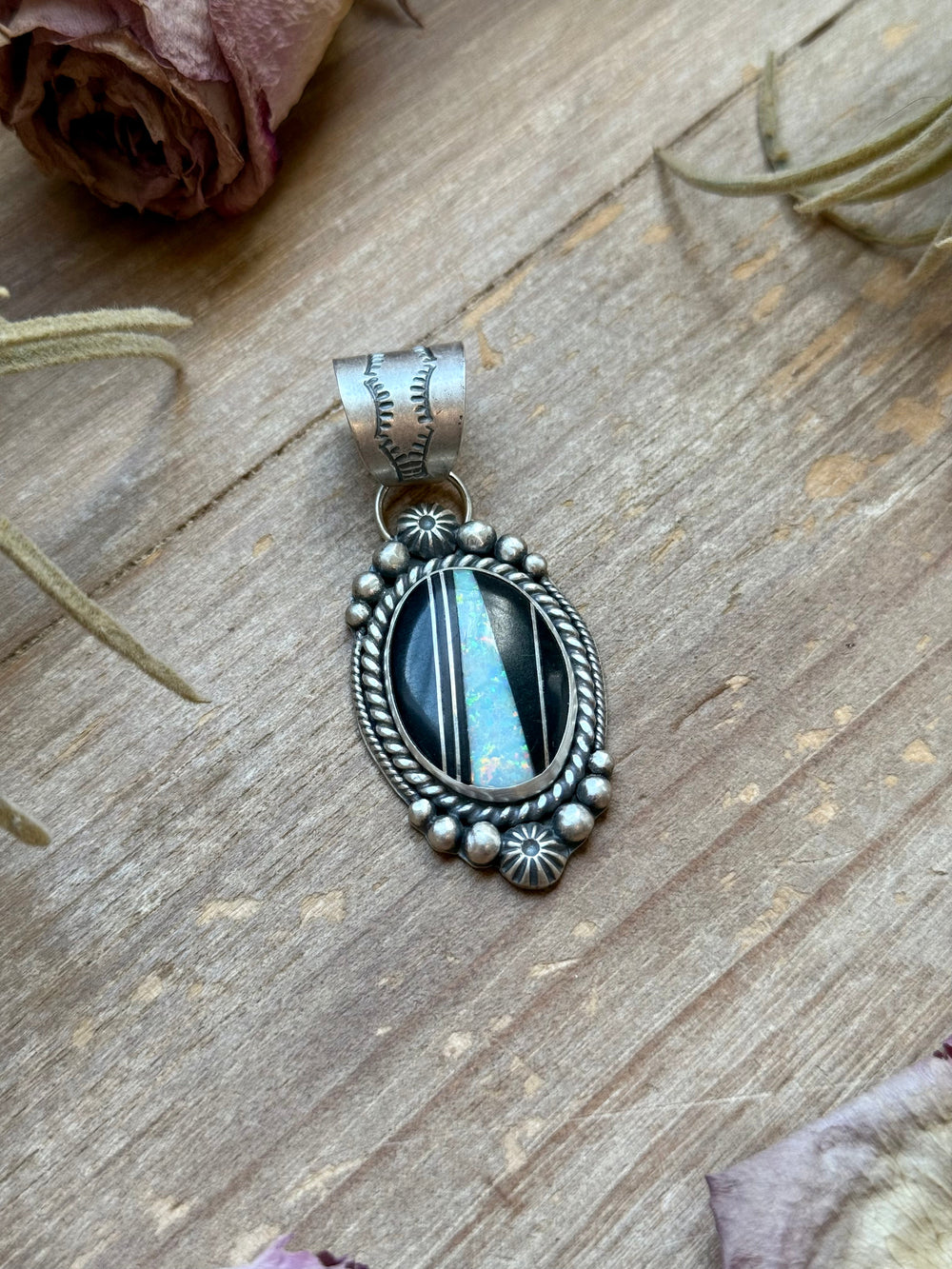 Sterling Silver Black Micarta & Lab Opal Inlay Pendant – Handmade by Artist Shay Pfeiffer Pendant Shopify Collective The Bijoux FAB Jewelry The Bijoux FAB Jewelry