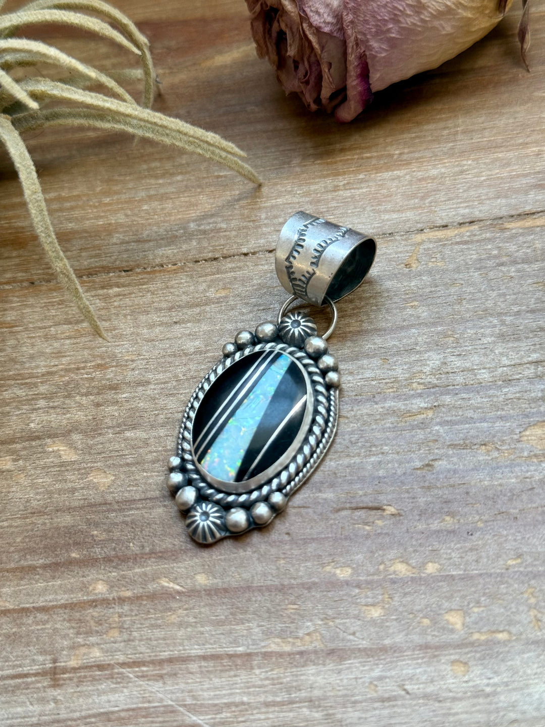 Sterling Silver Black Micarta & Lab Opal Inlay Pendant – Handmade by Artist Shay Pfeiffer Pendant Shopify Collective The Bijoux FAB Jewelry The Bijoux FAB Jewelry