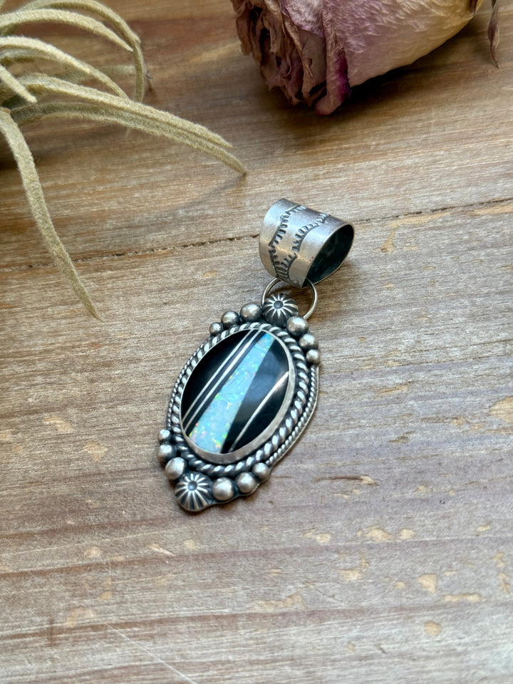 Sterling Silver Black Micarta & Lab Opal Inlay Pendant – Handmade by Artist Shay Pfeiffer Pendant Shopify Collective The Bijoux FAB Jewelry The Bijoux FAB Jewelry