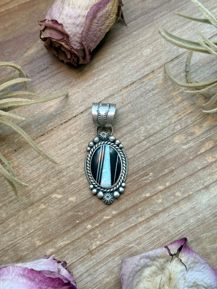 Sterling Silver Black Micarta & Lab Opal Inlay Pendant – Handmade by Artist Shay Pfeiffer Pendant Shopify Collective The Bijoux FAB Jewelry The Bijoux FAB Jewelry