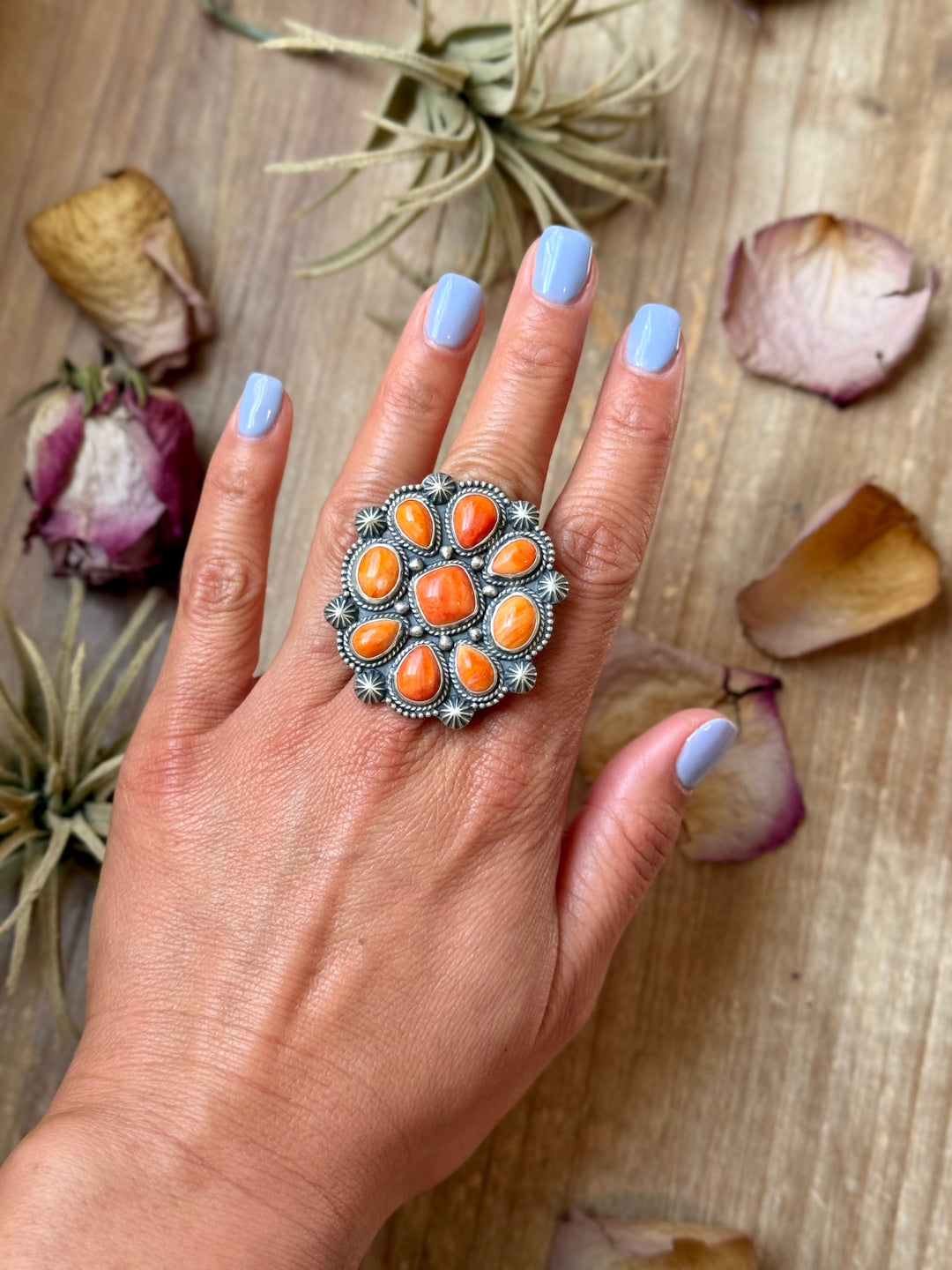 Sterling Silver Orange Spiny Oyster Mosaic Cluster Ring Size 7.5, Artist Shay Pfeiffer ring Shopify Collective The Bijoux FAB Jewelry The Bijoux FAB Jewelry